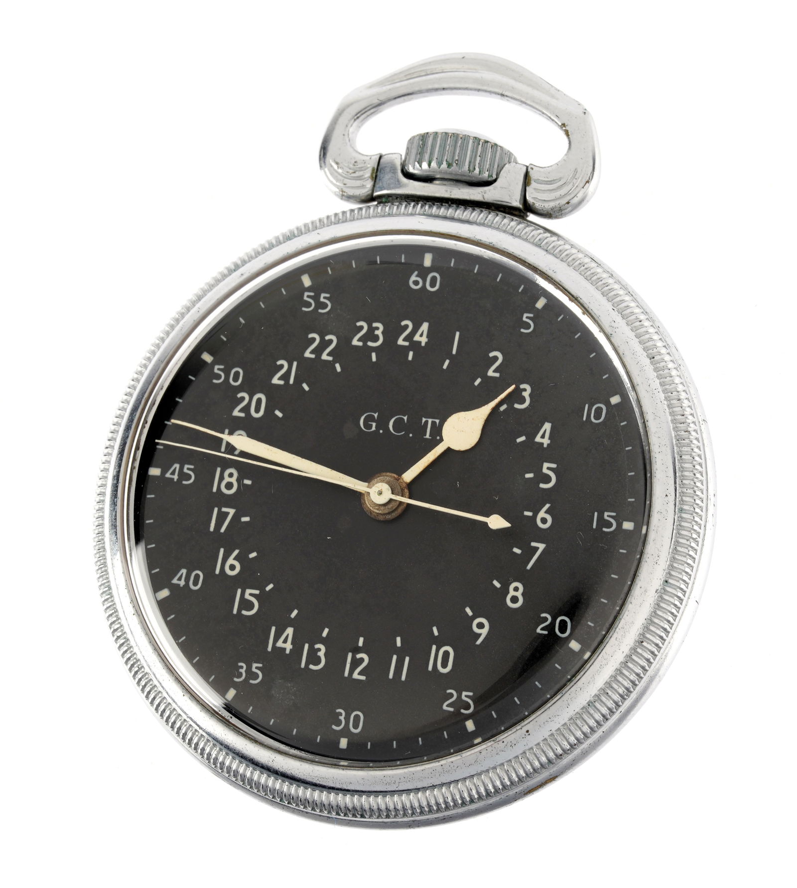 Hamilton GCT 4992B Military Pocket Watch: Military navigators pocket watch, 50mm stainless steel case, well marked back of case and soldiers name, hand wind movement, black dial. Condition: Minor signs of wear. Currently running however not g