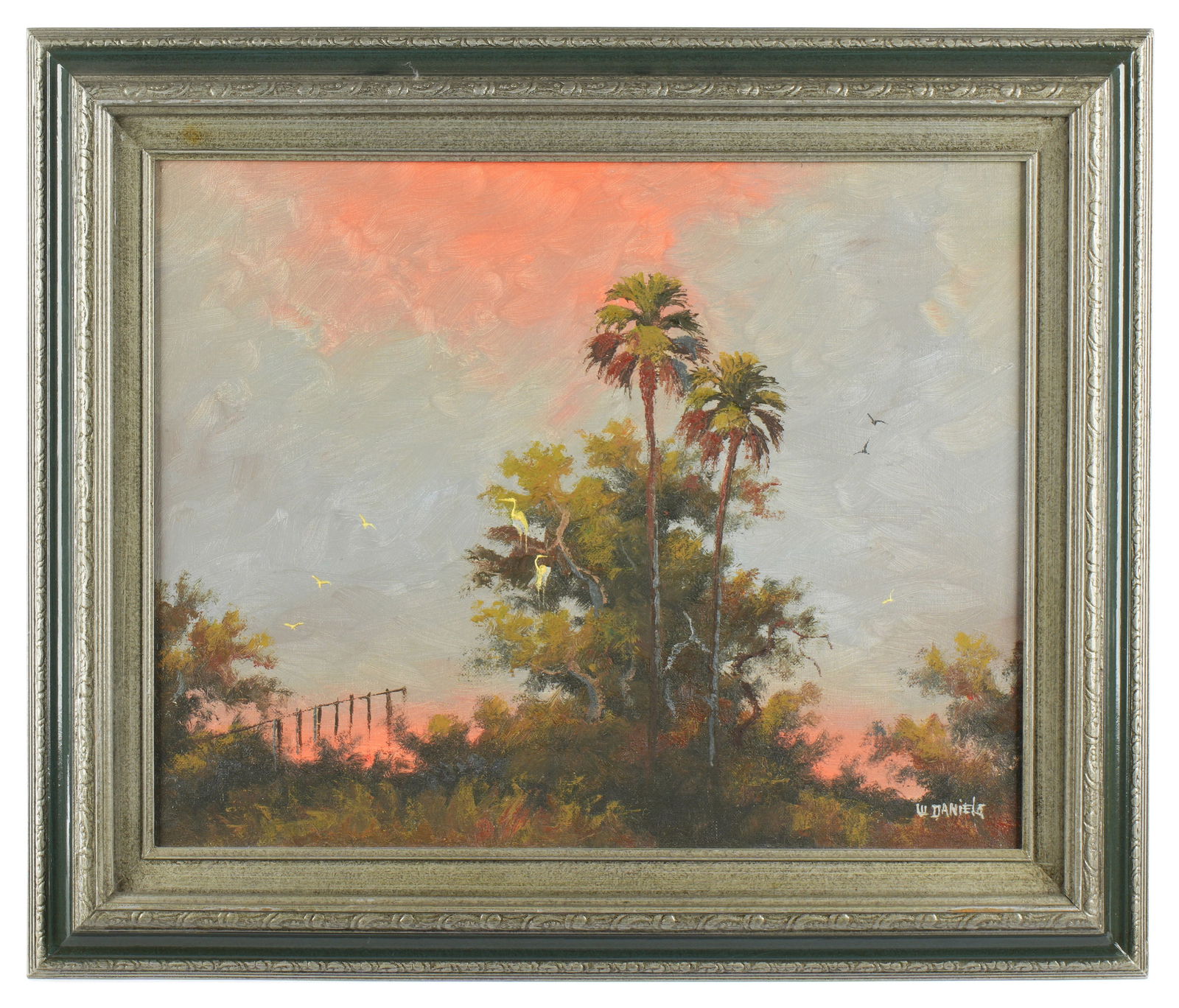 Willie Daniels Highwaymen Sunset Indian River: DANIELS, Willie (American, 1950-2021): Florida Highwaymen Indian River Lagoon sunset with stand of trees and birds, Oil on Board, signed lower right, 16" x 20", framed 21.5" x 225.5".