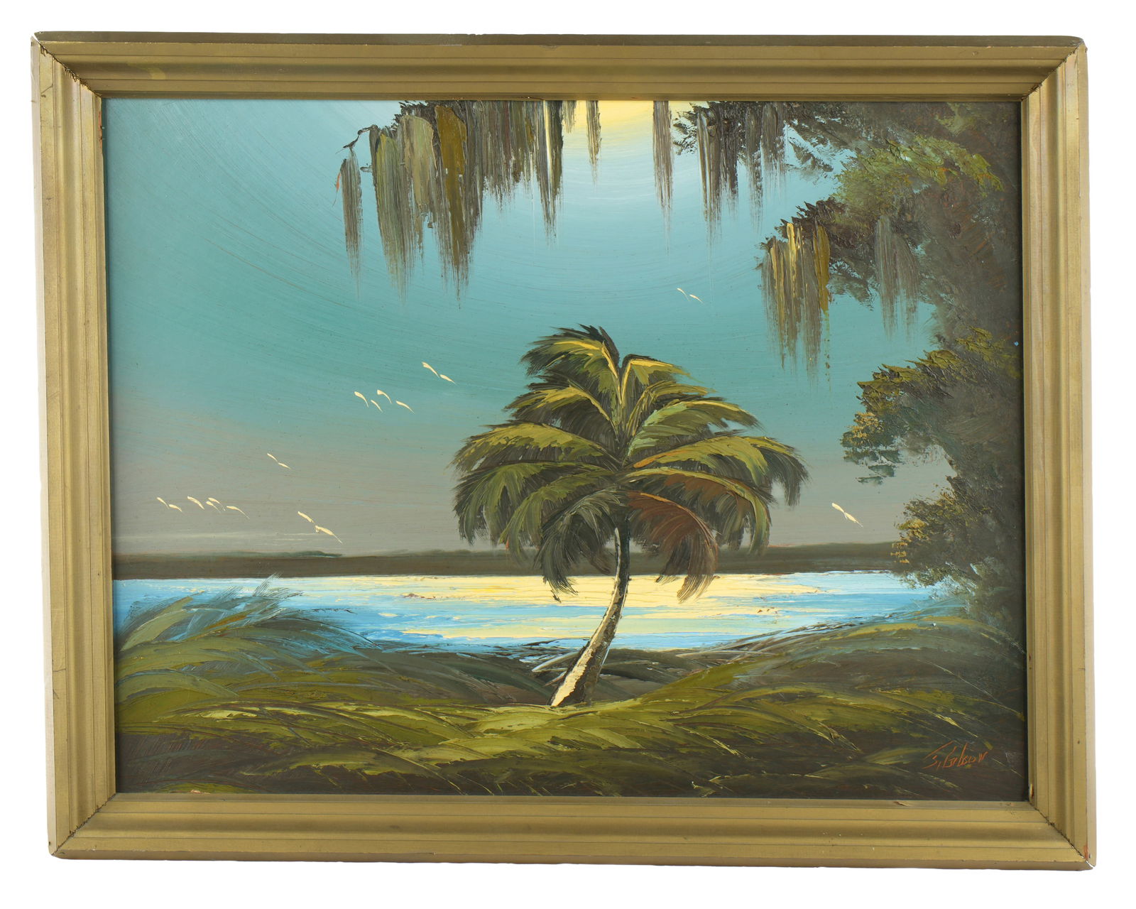 James Gibson Highwaymen Moonlight Indian River: GIBSON, James, (American, 1938-2017): Moonlit Indian River Lagoon with birds and palm tree, Oil on Upson Board, signed lower right, 22.25" x 29.25", framed 25" x 31.75".