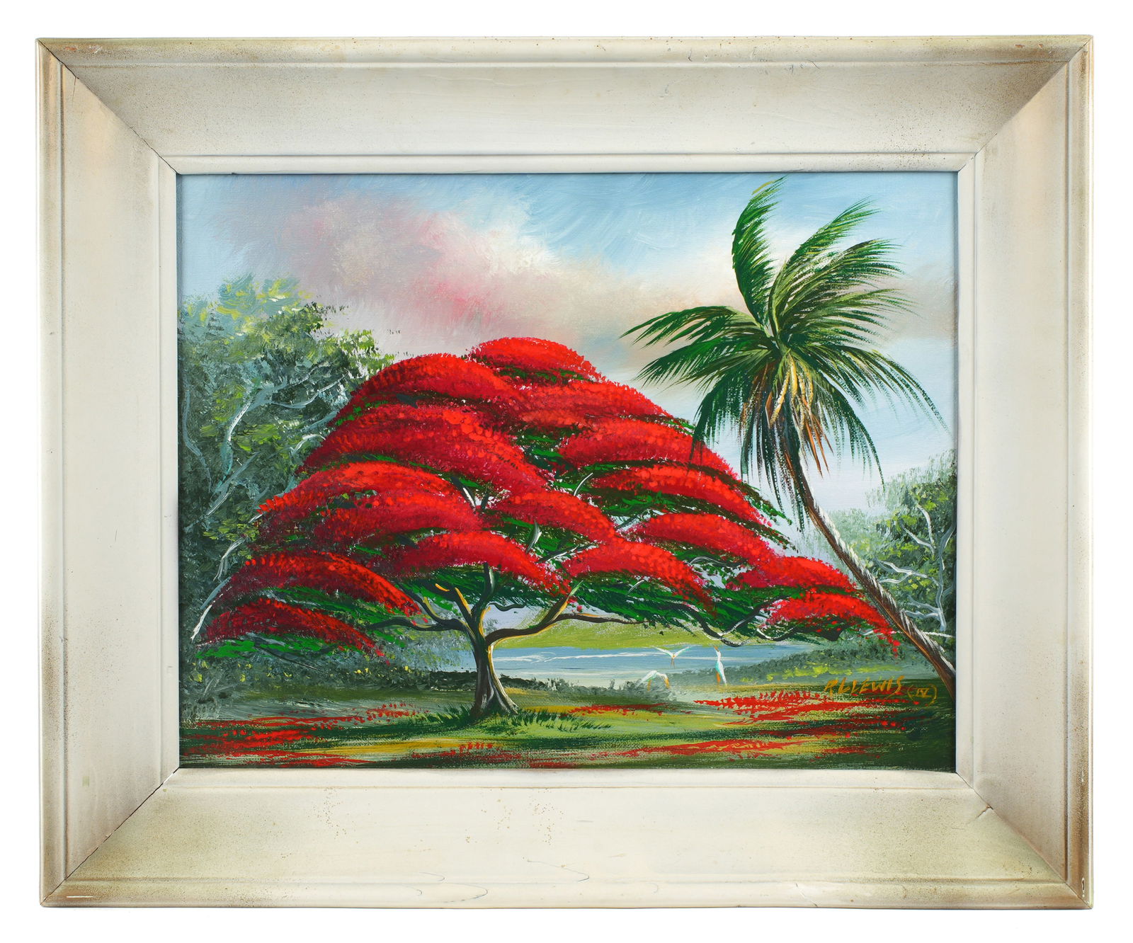 R. L. Lewis Florida Highwaymen Royal Poinciana: LEWIS, Robert L. (American, b. 1941): Florida Highwaymen Royal Poinciana at pond landscape, Oil on board, signed lower right, also signed verso, 14" x 18", framed 19.25" x 23.25.
