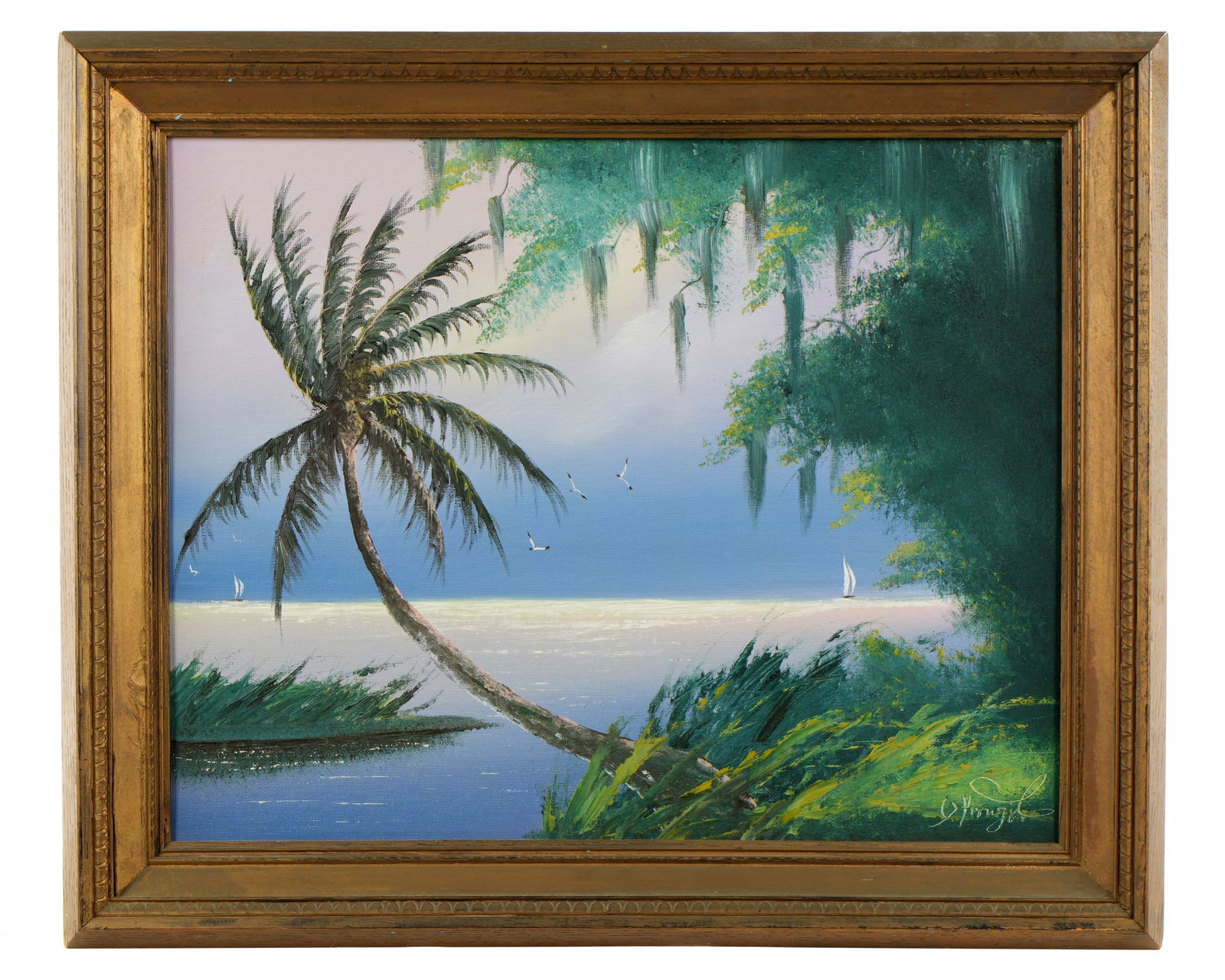 Isaac Knight Highwaymen Indian River Purple Sky: KNIGHT, Isaac, (American, 1941-2022): Florida Highwaymen Indian River sunset scene painting with purple sky, palm tree, birds, and boat, Oil on Board, signed lower right, signed and dated '06 verso, 1