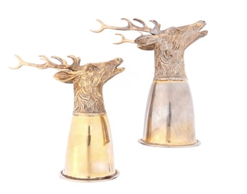 Pair German Sterling Silver Stag Head Stirrup Cups