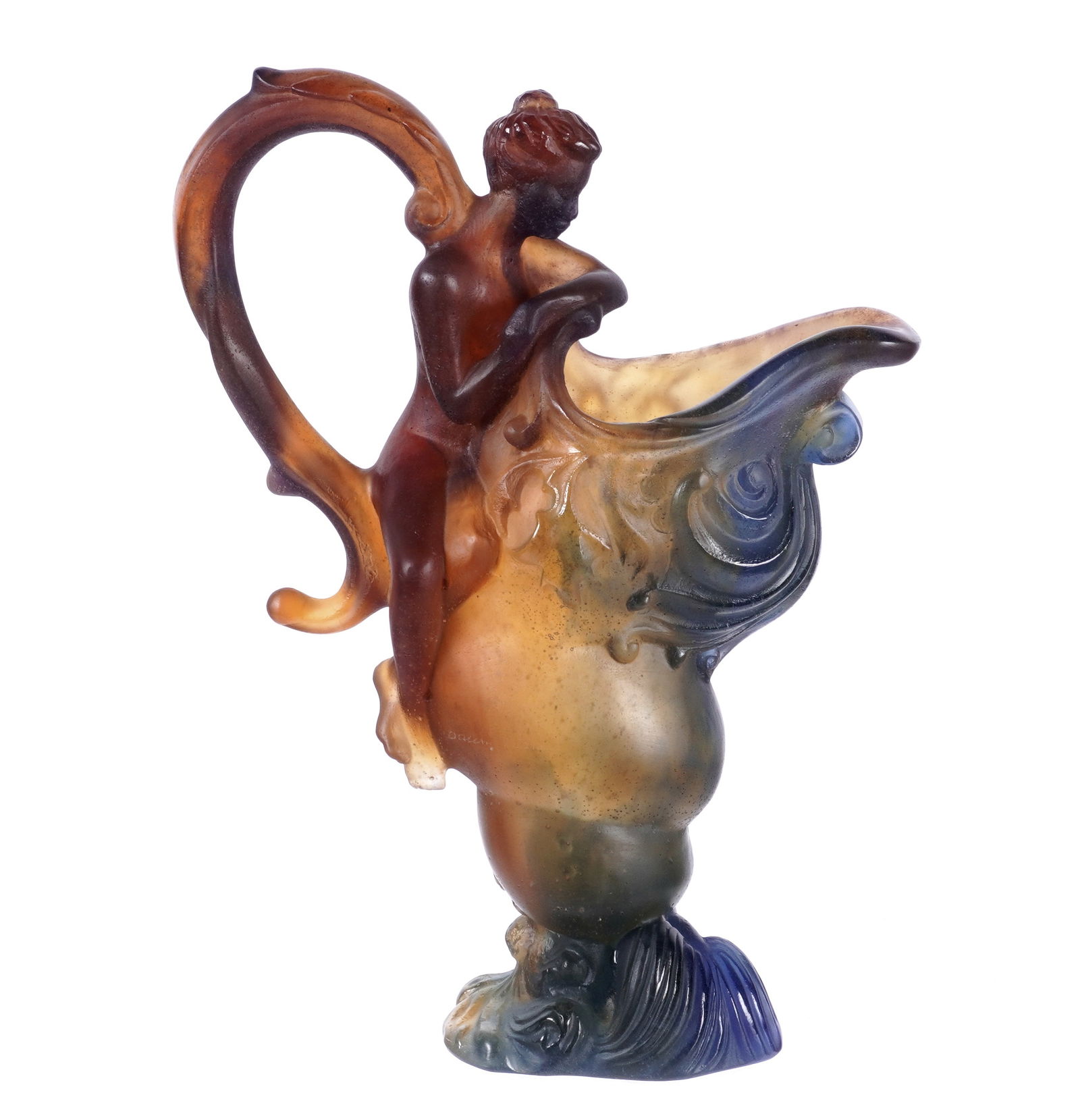 Daum Pate de Verre Glass Mythologie Ewer: Daum blue, green, and amber pate de verre glass "Mythologie" figural female form handle ewer, signed on side, overall 12.75" h. x 9.5" x 4.5".