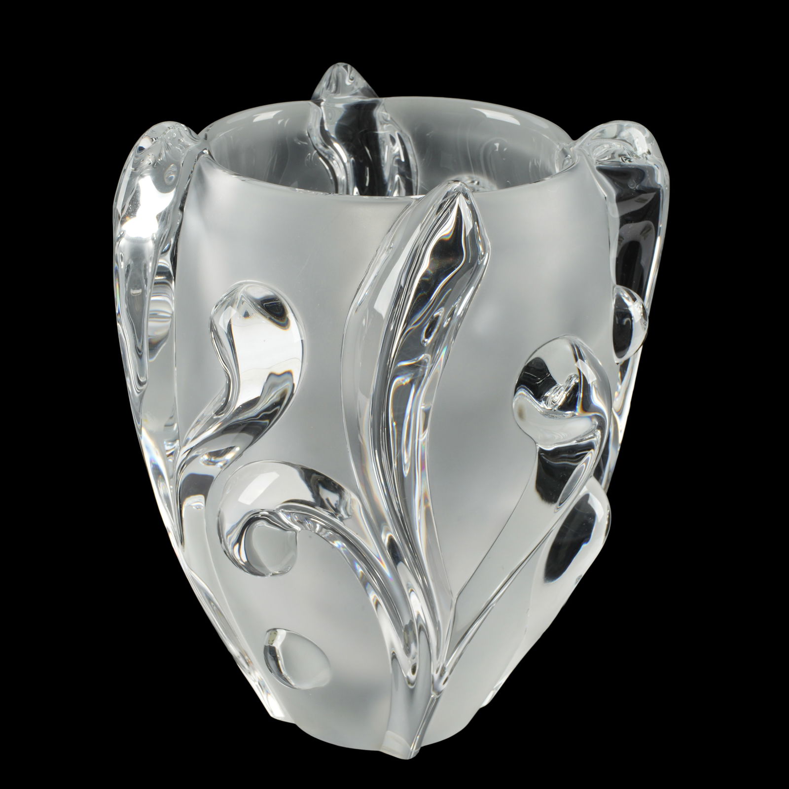 Large French Daum Crystal Glass Vase: Molded frosted and clear crystal Daum France vase, stylized foliate motifs, signed on base. Overall 10.5" h. x 9". Shippers note: Approx. 20 lbs.