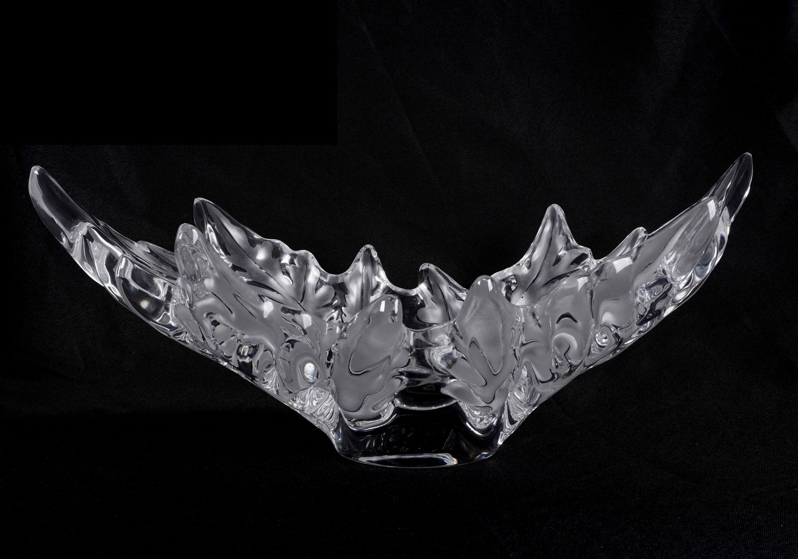 Lalique Champs Elysees Crystal Glass Bowl: Frosted and clear molded crystal "Champs Elysees" leaf form centerpiece bowl, signed Lalique France and numbered on foot. Overall 7.25" h. x 18" x 9.75".