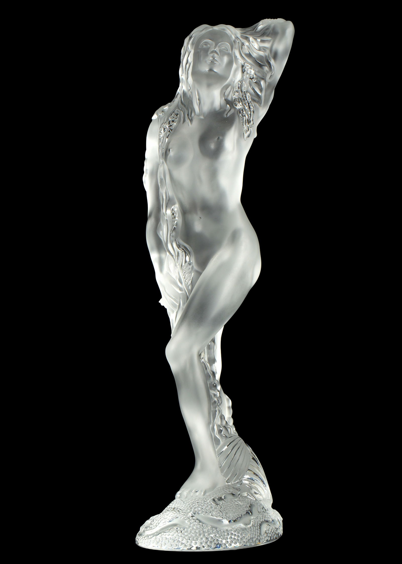 Lalique Oceanide Crystal Glass Figural Statuette: Limited edition "Oceanide" clear and frosted molded glass nude female figure, signed and numbered 739 from the edition of 999. Overall 17.5" h. x 5.5" x 5.5".