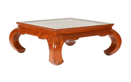 Chinese Carved Elm Glass Top Coffee Table