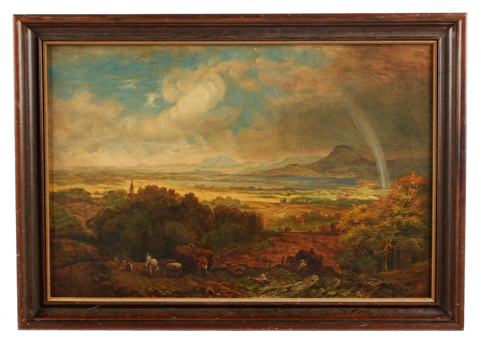 English Landscape Painting signed R. P. Sidney: SIDNEY, R. P., (British, 19th Century): Valley landscape overlooking gardens, hayfields, figures, and animals, Oil on Canvas, signed lower right, sight size 19.75" x 29.75", framed 24.5" x 34.5". Cond