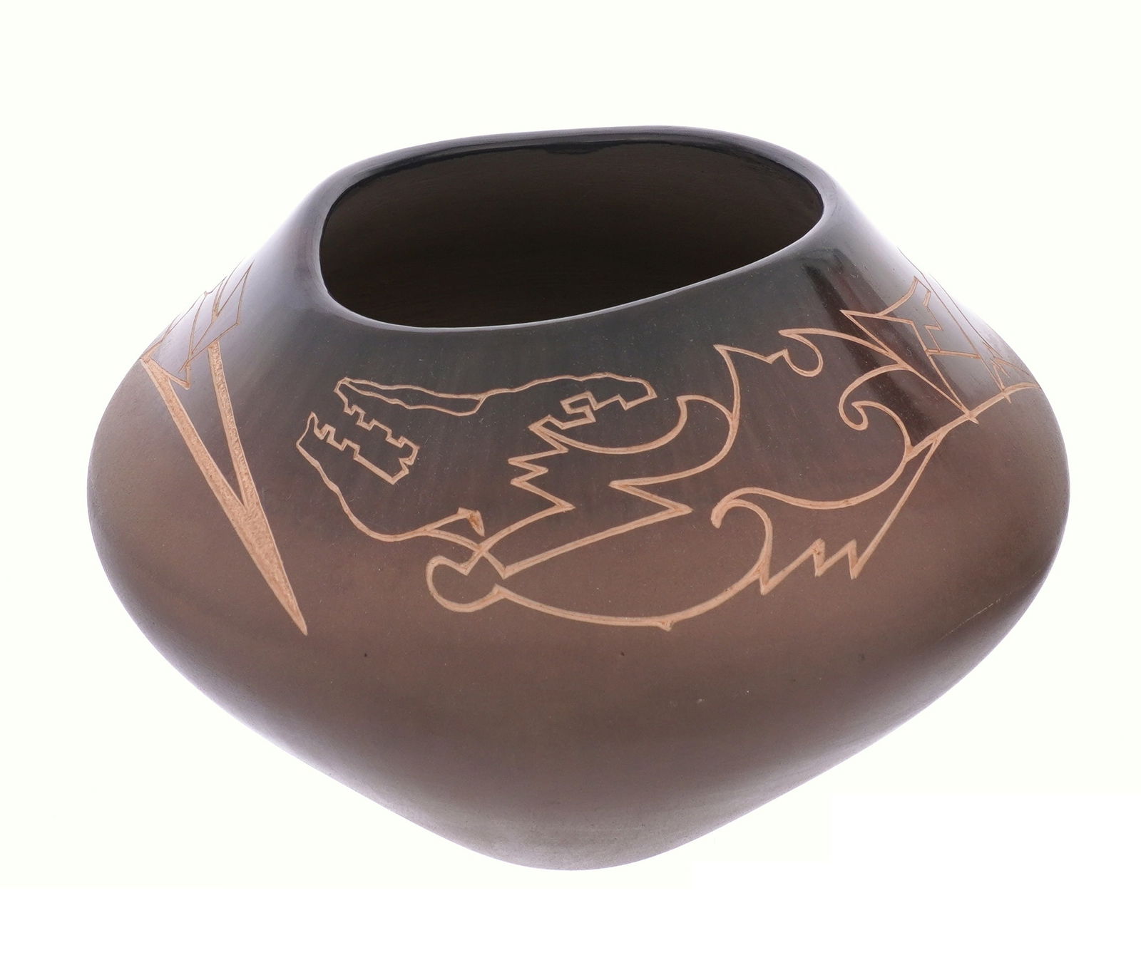 Jody Folwell Santa Clara Sgraffitto Brown Bowl: FOLWELL, Jody, (Santa Clara, b. 1942): Brown ware carved pot or bowl with carved sgraffitto designs on shoulder. Signed and inscribed dedication on base. Overall 6.25" h .x 9" dial.