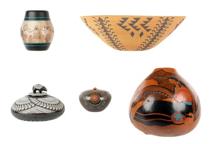 5 PIECE SOUTHWEST POTTERY & BASKET