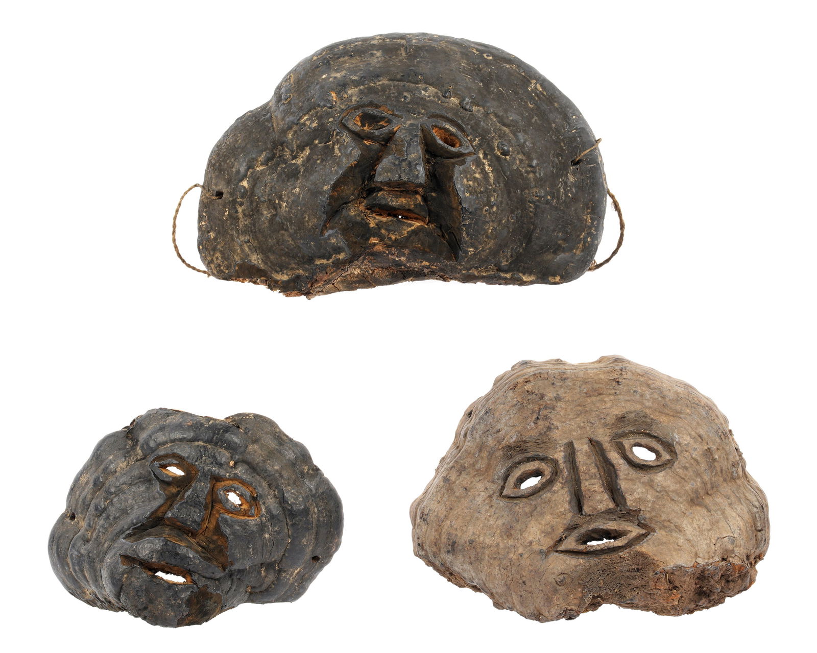 Three Nepalese Rai Culture Mushroom Masks: An assembled collection of three pieces total, early 20th Century, Rai peoples Middle Hills, Nepal. Each made from arboreal fungus mushrooms, largest measures 7" h. x 11" x 4.25". Please see photos fo