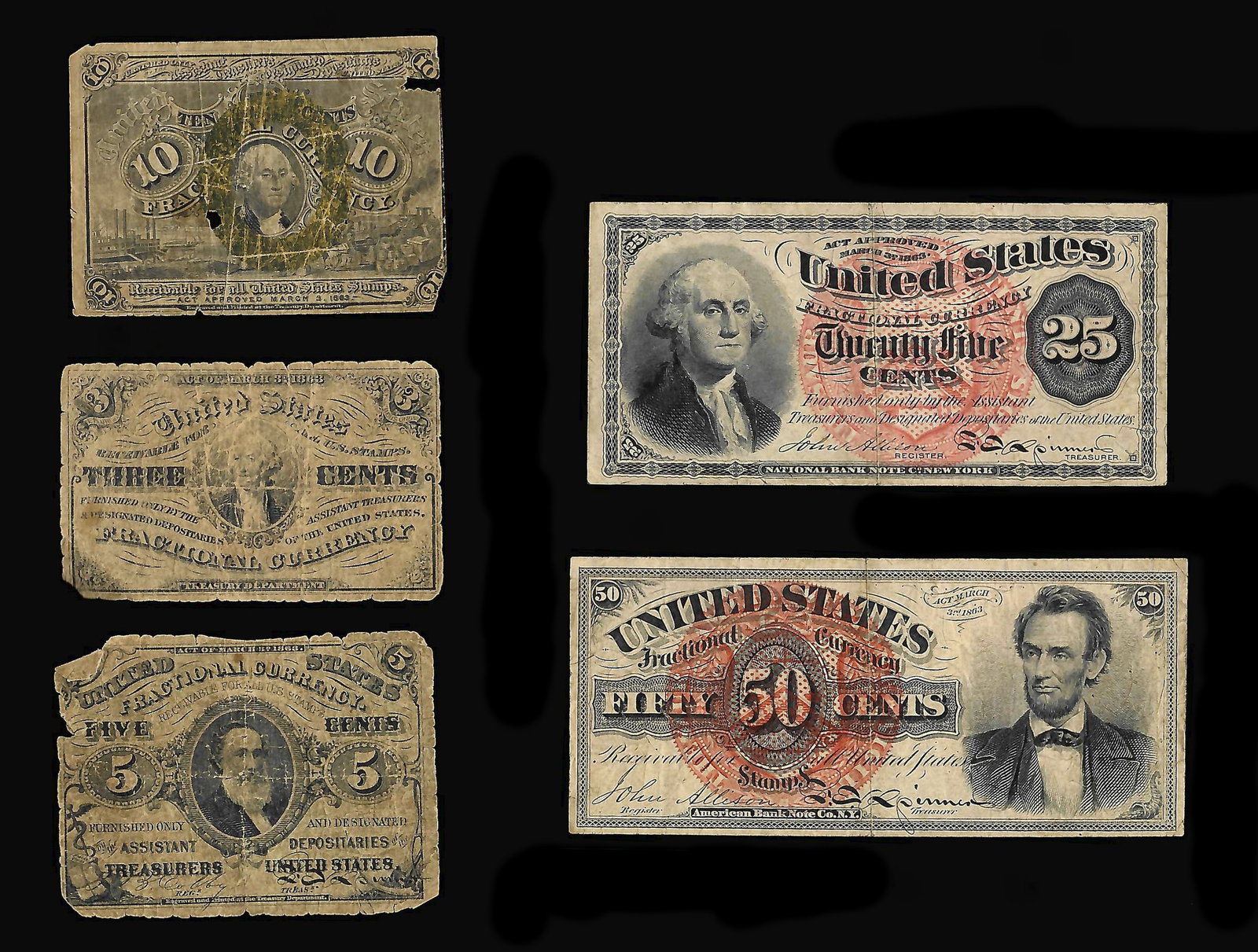 Five Piece 19th Century US Fractional Currency: An assembled collection of five pieces of fractional currency to include 1) 1863, Fr 1374, 50 cents, American Bank Note Co. N.Y.. 2) 1863 Fr. 1302, 25 cents, National Bank Note Co. New York. 3) 1863 F
