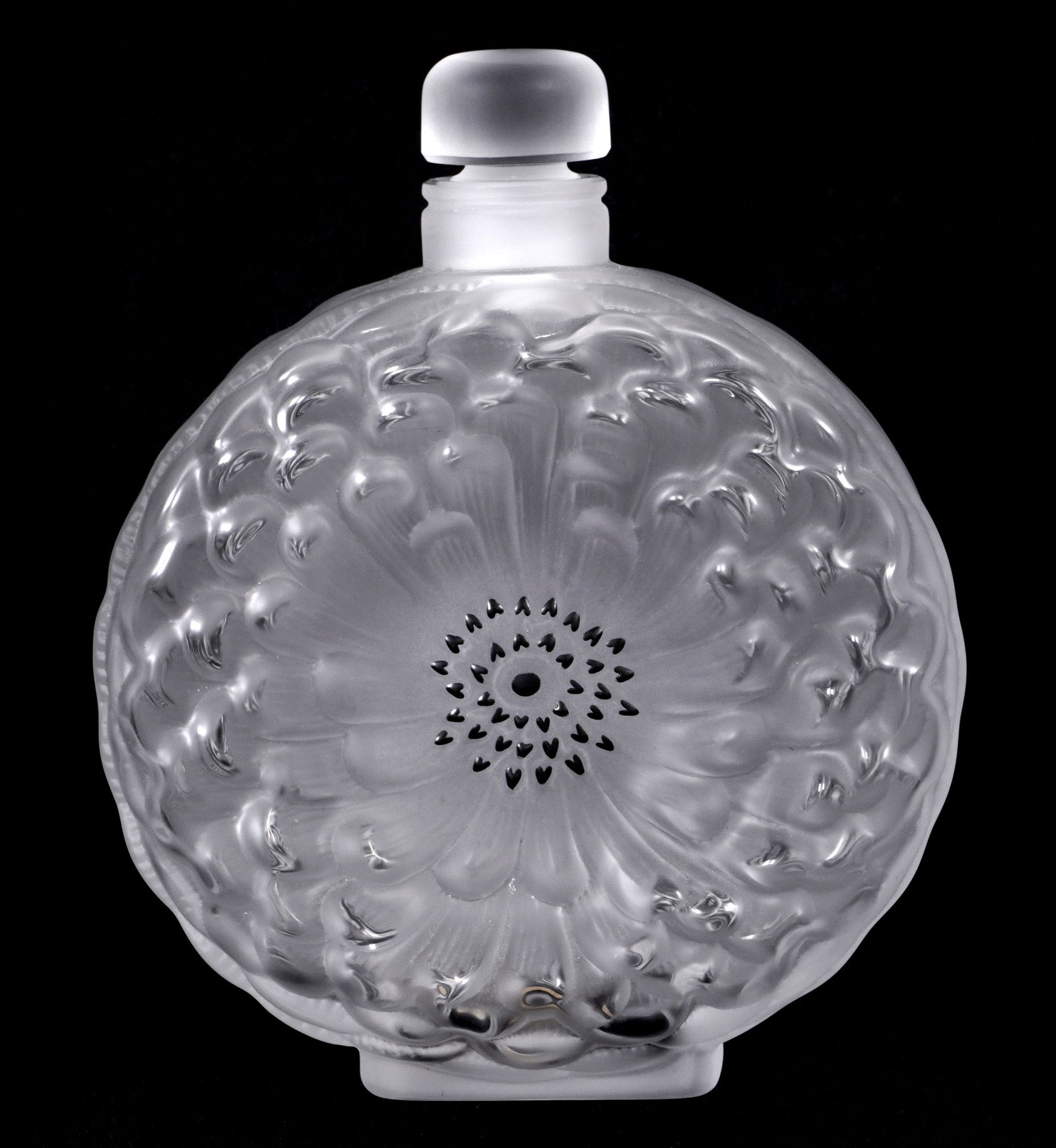 Large Lalique Crystal Dahlia Scent Bottle: Large molded and frosted glass "Dahlia" floriform scent bottle by Lalique. Signed at base, overall 8" h. x 6.75" x 2.75".