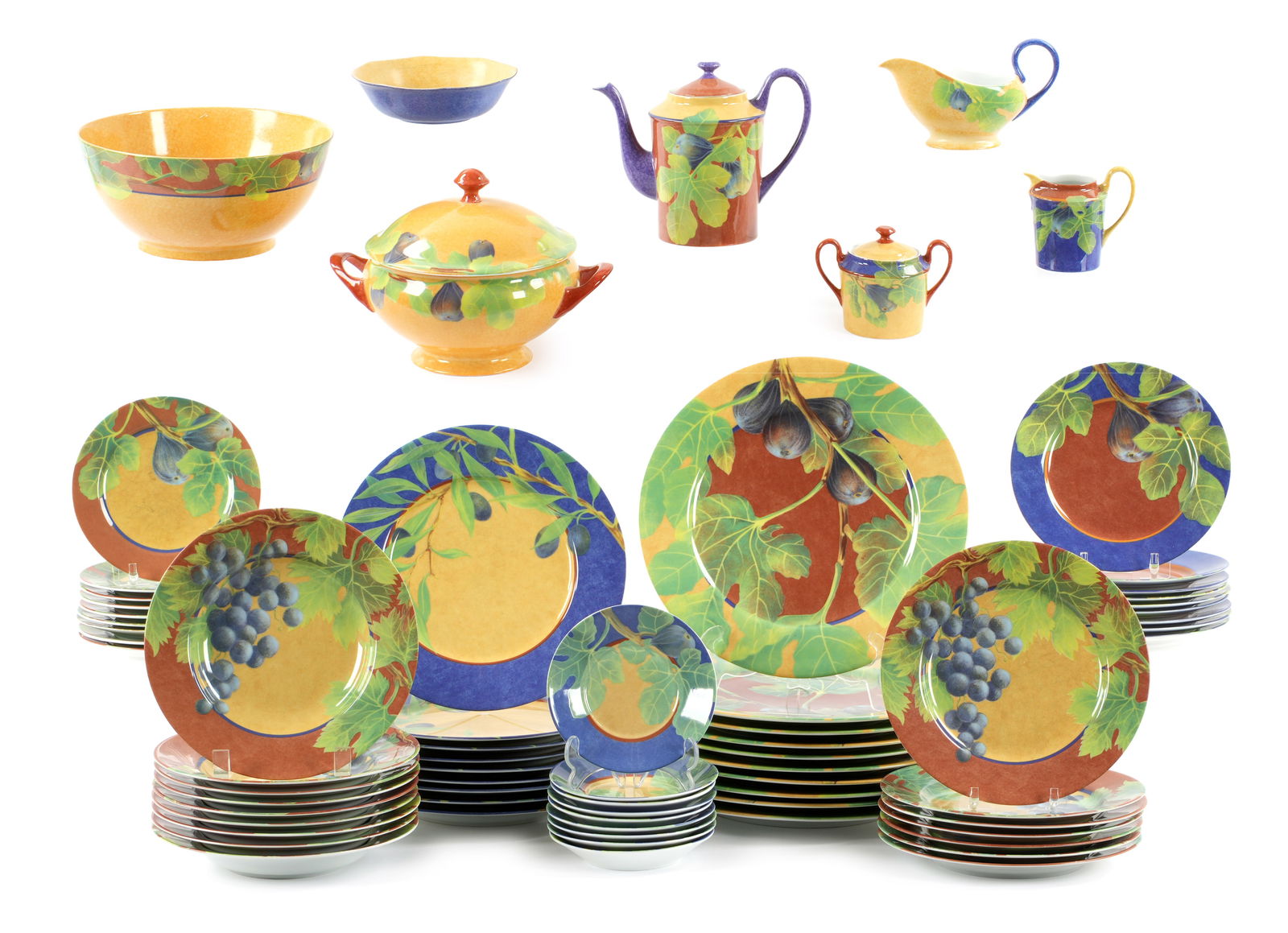 67 piece Laurie Japy China Service: An assembled collection of approx. 67 pieces in several patterns by Laurie Japy to include 10 plates (12"), 8 plates (10.5"), 14 plates (8.75"), 9 plates (7.5"), 9 plates (6.5"), 10 plates (5.75"), ce