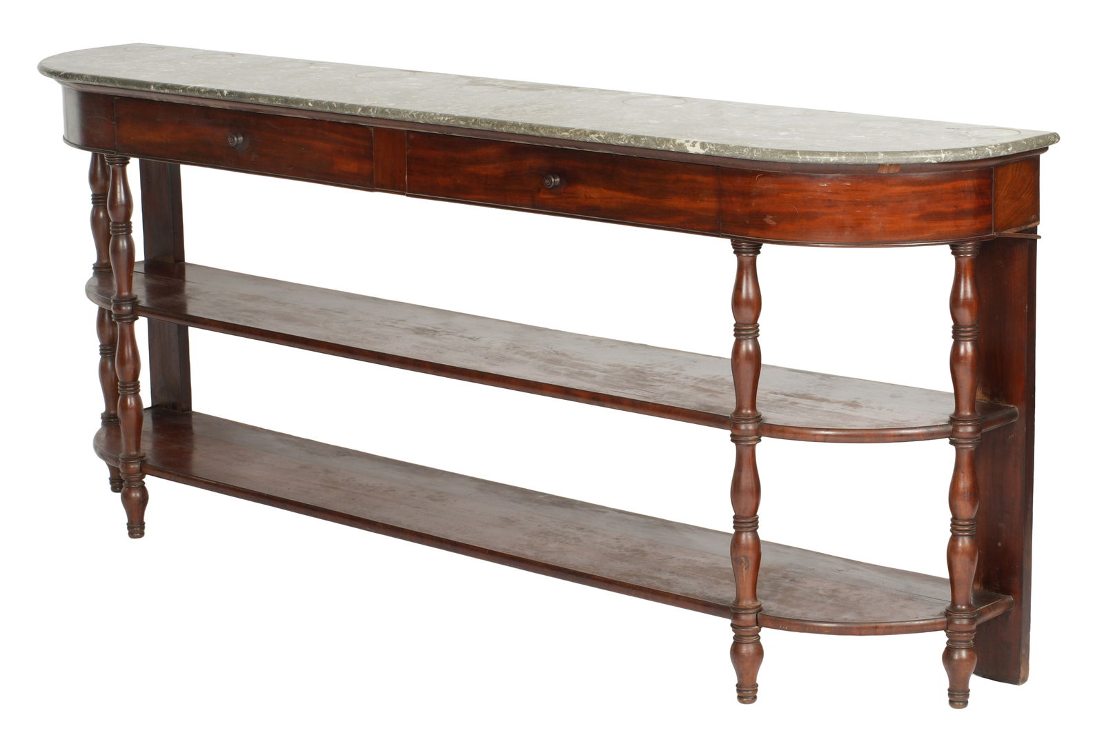 19th Century Long French Marble Top Sideboard: Circa 1830's, long variegate grey marble top with curved corners over conforming base. Two red felt lined drawers over two full length shelves, turned supports. Overall 37.25" h. x 90.5" x 16.75". Con