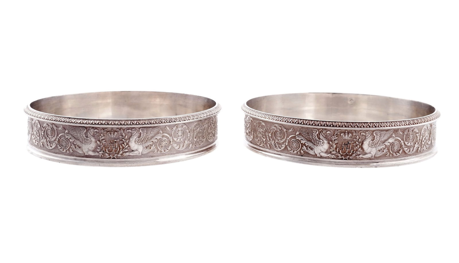 Pair French Silver Bottle Coasters Michael Pavolich: Pair of French silver bottle / wine coasters from the Grand Duke Michael (Mikhail) Pavolich of Russia silver service crafted primarily by Martin-Guillaume Biennais and Jean-Charles Cahier in Paris bet