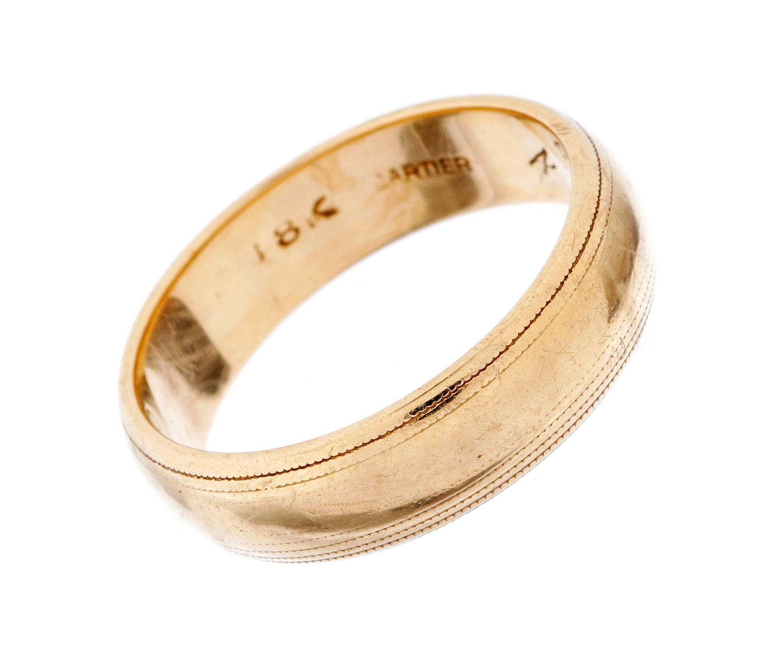 Cartier 18k Gold Wedding Band Ring: 18k yellow gold Cartier wedding band, marked 18k, Cartier, with date engraved inside. Size 9.5. Approx. 8 grams.