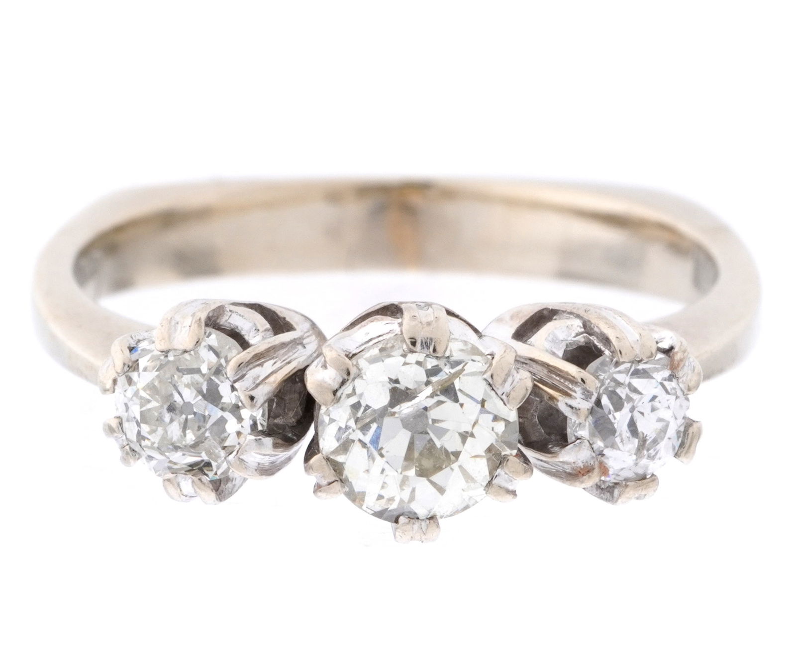 14k Gold Three Stone Diamond Engagement Ring: 14k white gold band, three prong set round diamonds, center diamond approx .5ct, flanked by .25ct either side, total approx. 1.0 ctw. Marked 14k and unknown makers marks. Size 7.5. Approx. 5 grams inc