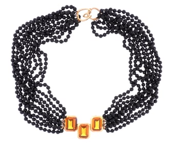 14k Gold Orange Sapphire Onyx Bead Multi Strand Necklace