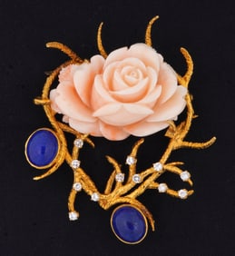 18k Gold Coral Diamond & Lapis Lazuli Brooch