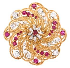 Stunning 18k Gold Diamonds Rubies Swirl Brooch