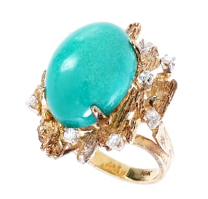 Brutalist Mid Century 18k Gold Persian Turquoise and Diamond Ring