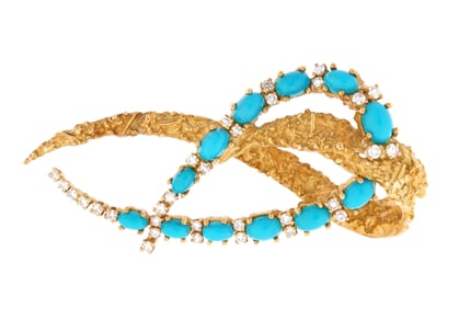 18k Gold Persian Turquoise & Diamond Mid Century Brooch