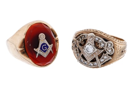 Two Masonic Gold Rings 1 with Diamonds 1 with Carnelian