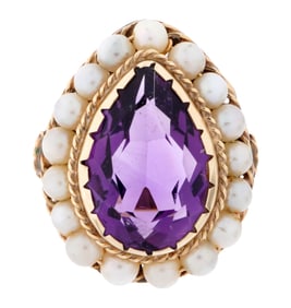 14k Gold Amethyst and Seed Pearl Ring