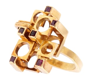 Israeli 18k Gold Rubies Post Modern Abstract Ring
