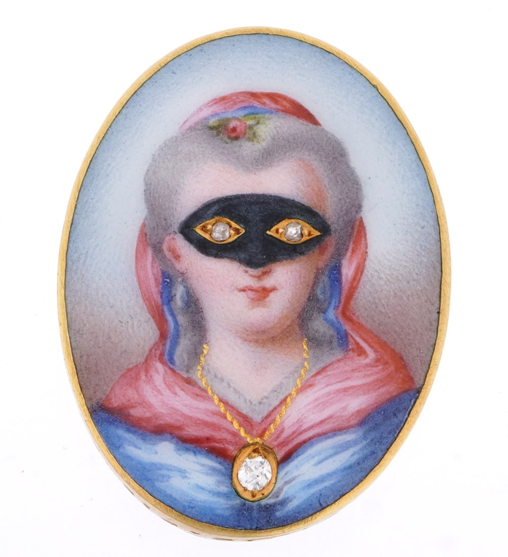 19th Century 18k Enamel Diamond Masquerade Brooch: Tested 18k reticulated yellow gold frame, possibly French enamel portrait of woman in masquerade mask, three small hand cut diamond stones, unmarked. Attached finding is newer and tests 14k gold. Over