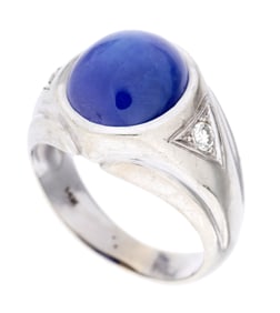 14k Gold Lab Created Star Sapphire Cabochon & Diamond Ring