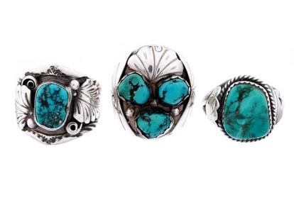 Three Mens Southwest Sterling and Turquoise Rings