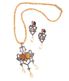 Stunning Diamond Citrine Necklace Earrings Suite
