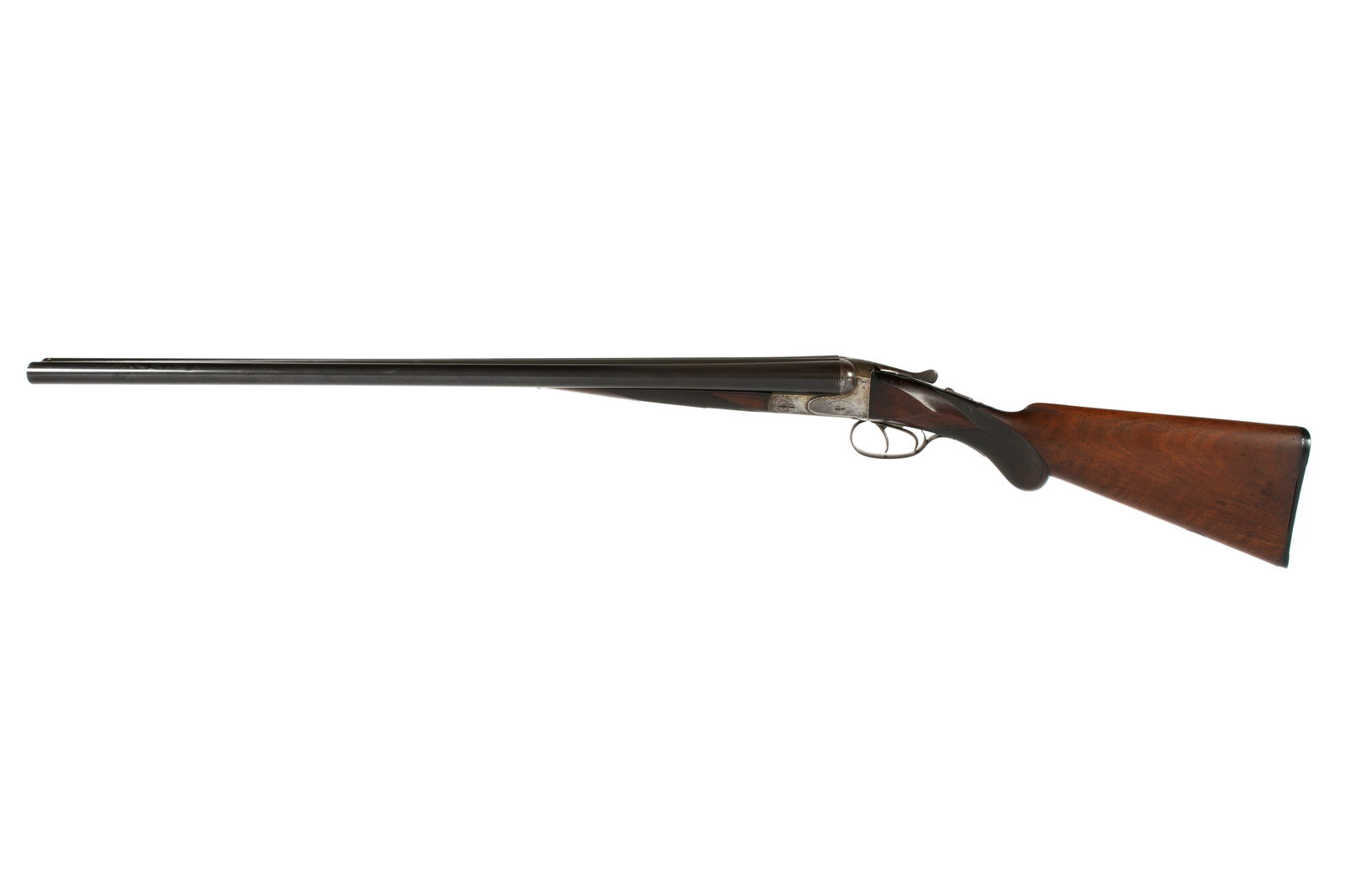 J. P. Sauer & Son Double Barrel 12 Gauge Shotgun: Serial number 122642, side by side hammerless shotgun, barrel length 28", 14.5" length to pull, checkered walnut stock. Well marked, Fluid Steel, Krupp-Essen barrels. Overall 44" long. Condition: Crac