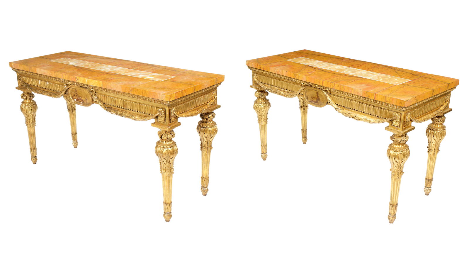 Pair Early Italian Carved Giltwood Console Tables: Pair 18th / 19th Century console tables. Thick marble tops with inlaid onyx center panels. Carved giltwood bases, aprons with painted center medallion featuring classical woman on one and man on other