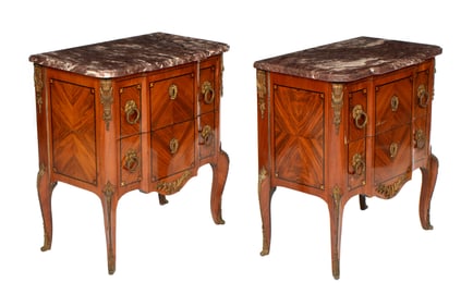 Pair French Marble Top Inlaid Bedside Commodes