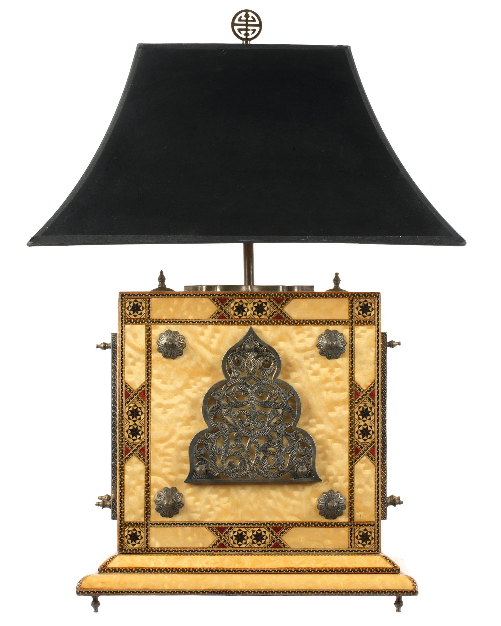 Ornate Inlaid Moroccan / Moorish Table Lamp: Burl wood base with mixed wood Middle Eastern design parquetry inlay. Applied engraved and pierced metal accents. Single socket fixture. Overall measures 26" h. to top of final x 14.5" x 9". Sold with