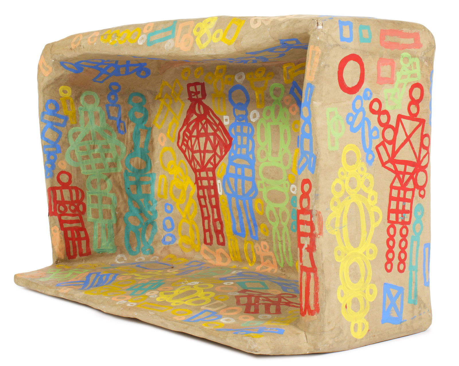 Unique Alexander Ney Painted Paper Mache Dog Bed: NEY, Alexander, (Russian/American, b. 1939): A most unusual paper mache dog bed with painted geometric and figural motifs, overall 17" h. x 31" x 20.5". Condition: Minor stains.