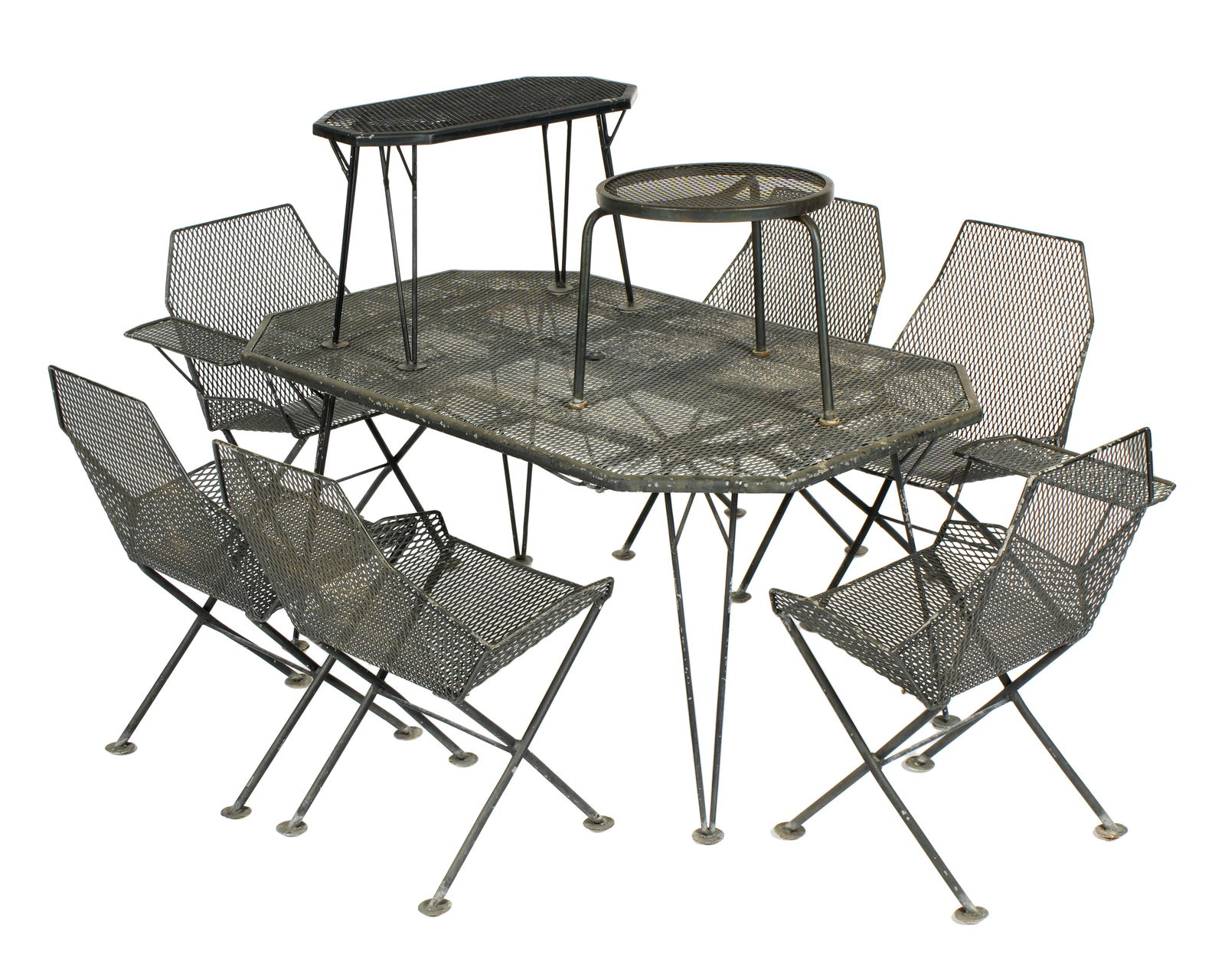 9 piece Mid Century Modern Wrought Iron Patio Set: Nine pieces total, mid century wrought iron patio set to include two chairs with one arm each (31.75" x 25.5" x 19"), four side chairs (31.5" h. x 20.75" x 20"), table with canted corners (27.75" h. x