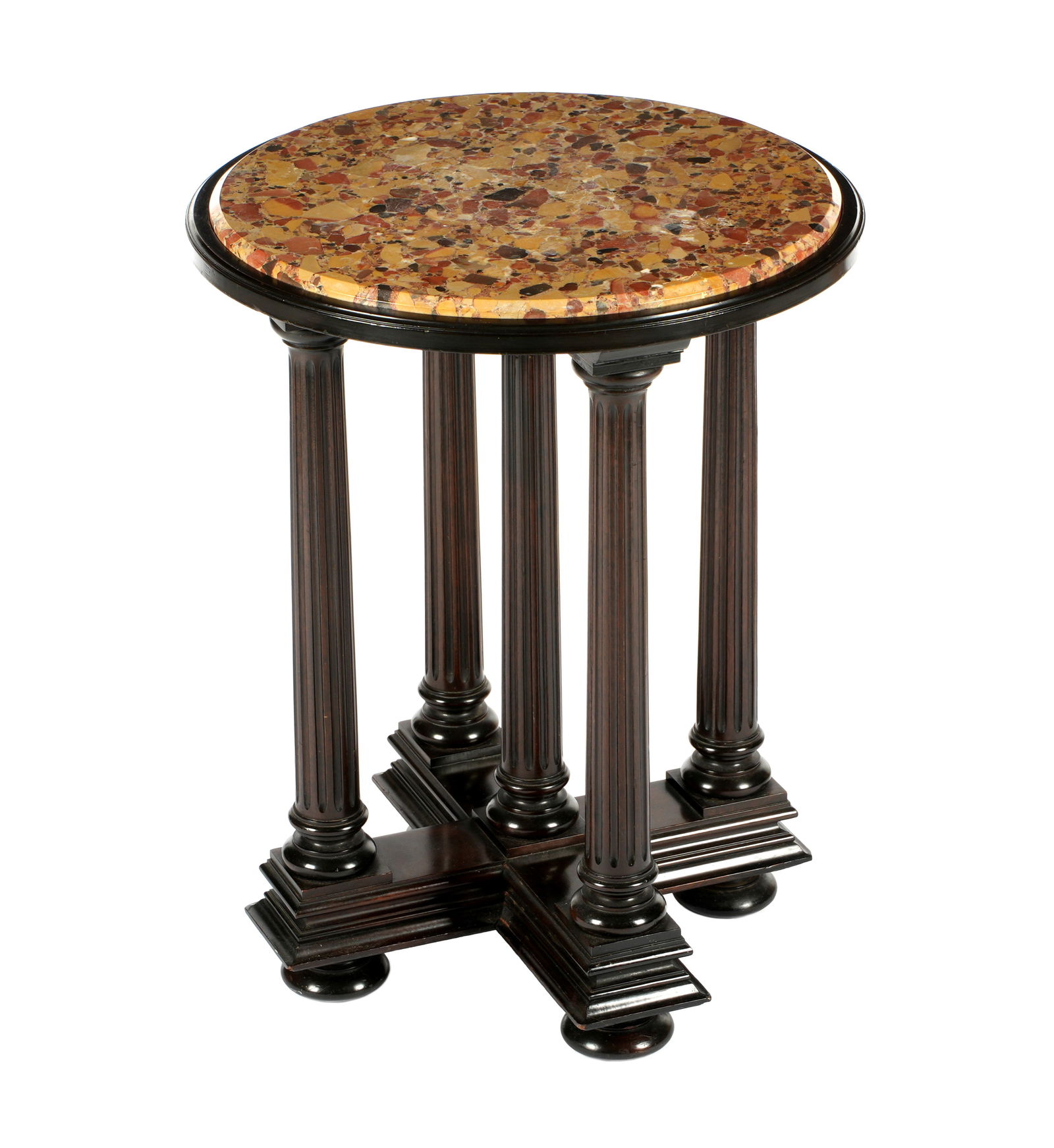 French Breche d'Alep Marble Top Rosewood Side Table: Round Breche d'Alep marble top over five fluted column supports, splayed case on four bun feet. Overall 27" h. x 21". Condition: Several scratches to top, minor chips to wood.