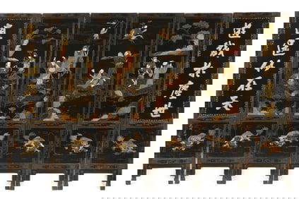 Antique Chinese Qianlong 6 Panel Inlaid Coromandel Floor Screen