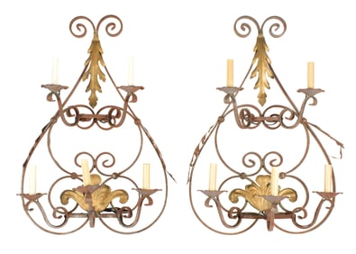 Pair French Wrought Iron Five Light Sconces