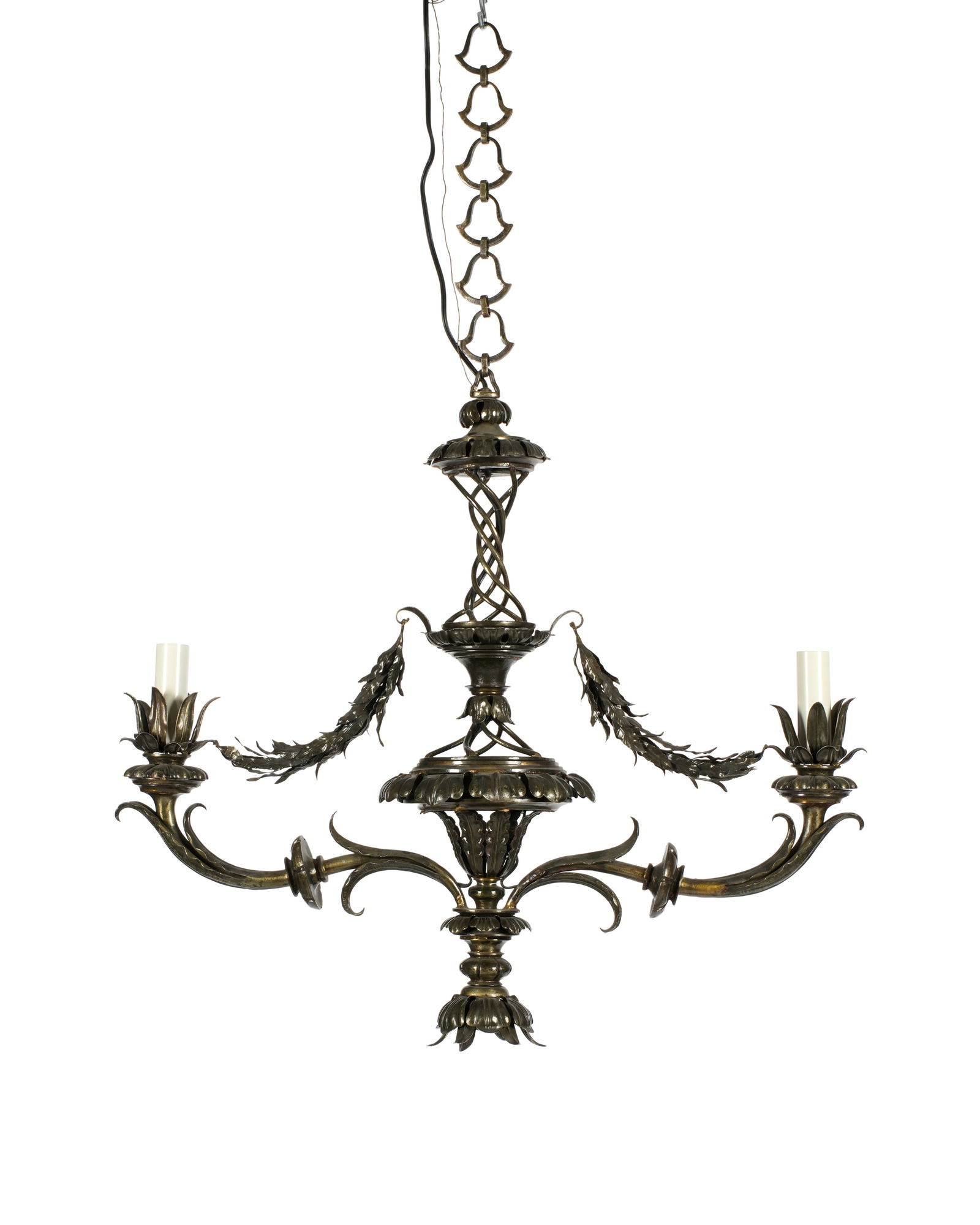 Italian Foliate Two Arm Painted Iron Chandelier: Two scroll arms with single light each, foliate swags extending from center. scroll twist accents between sections. Overall 26" h. x 28" x 8". Condition: Uneven wear to finish.