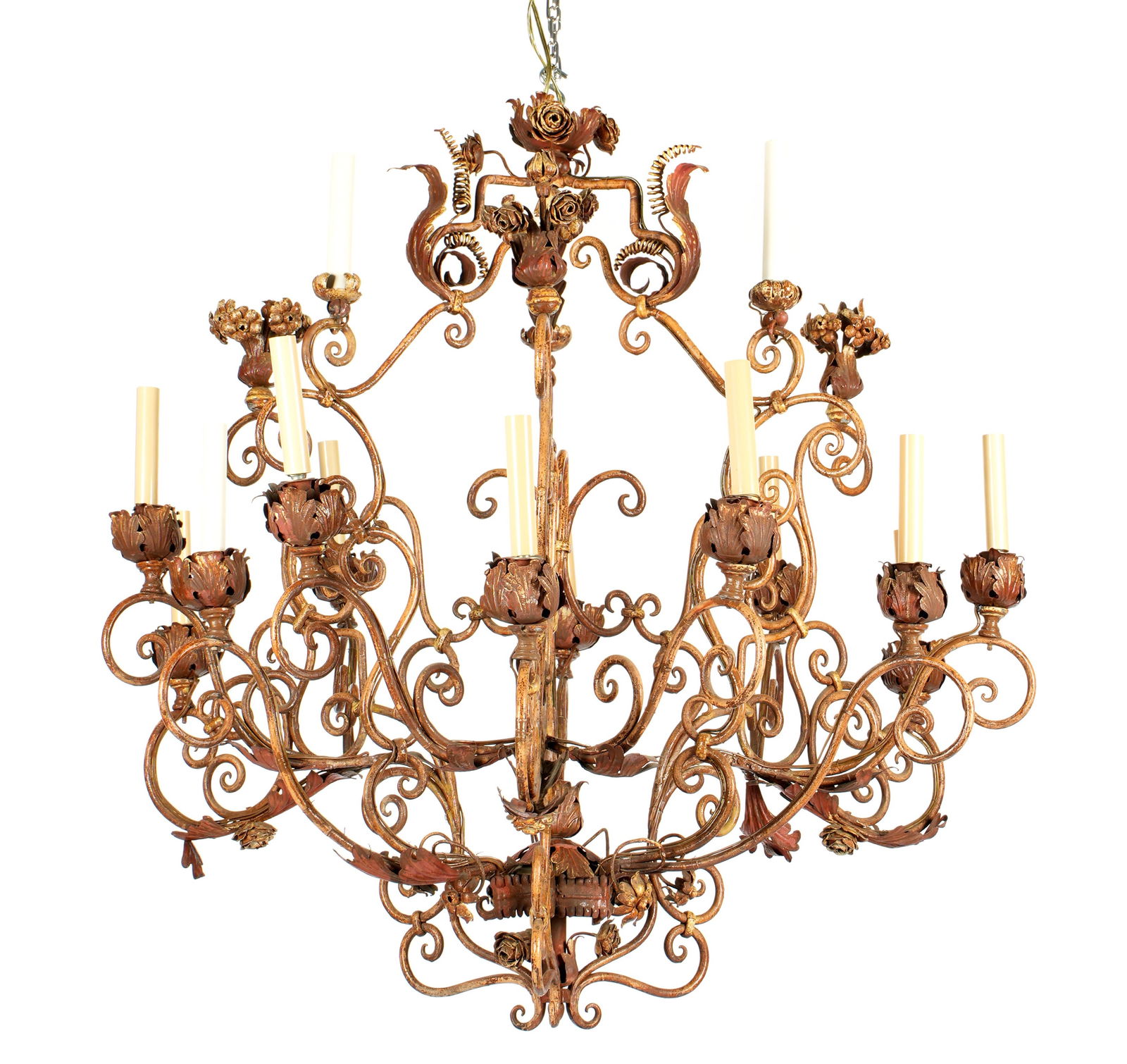 Ornate Italian Scroll Iron 15 Light Chandelier: Scroll and wrought iron painted chandelier with urns, flowers, and acanthus leaf accents. 15 lights, set into floriform bobeche, overall 35" h. x 35" dia. Condition: Uneven finish with wear.