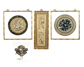 Three Chinese Embroidered Panels and a Hat
