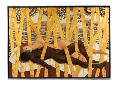 Large Painting Two Reclining Nude Men signed Potomythiutis