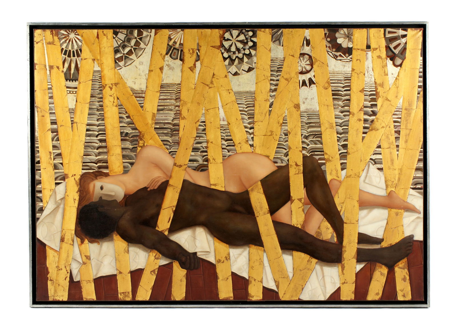 Large Painting Two Reclining Nude Men signed Potomythiutis: Depiction of two reclining nude men in a bamboo forest, one with a mask on, Oil on canvas, signed Potomythiutis and dated '83 lower left, 45" x 63.75", framed 47" x 65.25"