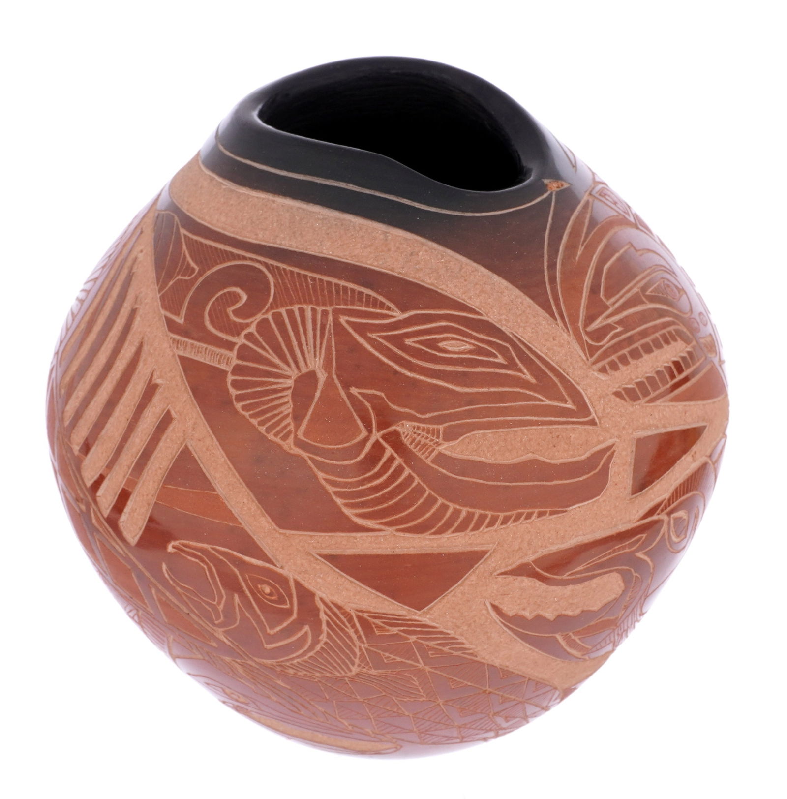 Jody Folwell Santa Clara Carved Sienna Pottery Pot: FOLWELL, Jody, (Santa Clara, b. 1942): Sienna pottery pot or vase, carved salmon fish motif, signed on side. Overall 6" h .x 5.25".