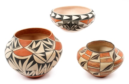 Three Piece Acoma Polychrome Pottery Vessels